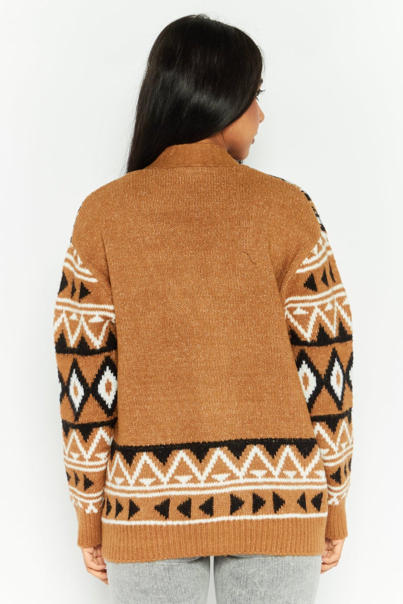 DEX كارديجان نسائي بأكمام طويلة على شكل حرف V بنقشة أزتيك، مزيج بني - Image 4